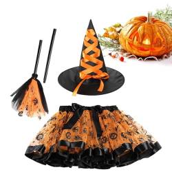 Hexenkostüm für Mädchen, Hexenkostüm für Kinder | Halloween-Kostüm mit Hut und Besen - Rollenspiel-Requisiten, Hexen-Tutu-Rock für Maskerade, Halloween, Karneval von itrimaka