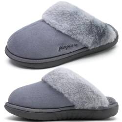 jiajiale Damen Hausschuhe Ladies Gemütlich Warm Flauschig Slipper für Winter Slip On Weiches Kissen Memory Foam Hausschuhe mit Harten Gummisohle Indoor Outdoor Grau EU40 von jiajiale