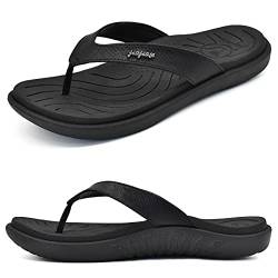 jiajiale Flip Flops Damen Mode Orthopädische Leder Stoff Leicht Zehentrenner Frauen Bequeme Yoga Fußbett Badelatschen Sommer Strand Rutschfest Feste Gummi Sohle Schwarz EU38 von jiajiale