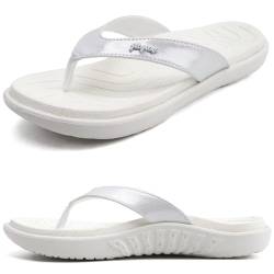 jiajiale Flip Flops Damen Mode Orthopädische Leder Stoff Leicht Zehentrenner Frauen Bequeme Yoga Fußbett Badelatschen Sommer Strand Rutschfest Feste Gummi Sohle von jiajiale