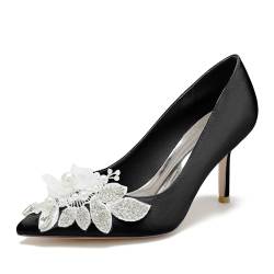 jiaonayiyi Damen Satin Braut Hochzeit Schuhe EIN Fuß Steigbügel Applikation High Heels Feine High Heels Dinner Ballkleid Schuhe,Schwarz,40 EU von jiaonayiyi