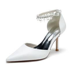 jiaonayiyi Damen Spitze Zehen Knöchelriemen Perlen Heels Damen Hochzeit Party Abschlussball High Heels,Weiß,37 EU von jiaonayiyi