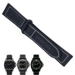 kongsou 24mm Nylon Stoff Canvas Echtes Leder Uhrenarmband für Panerai Luminor PAM01118 441 Schwarz Blau Armband Ersatzarmband Zubehör(Black White Black) von kongsou