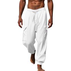 liaddkv Leinenhose Herren Lang Weiß Strandhose Herren Lang Chino Hose Herren Mit Bündchen Haremhose Weitem Trainingshose Mit Gummizug Sweathose Outdoorhose Einfarbig Sommerhose von liaddkv