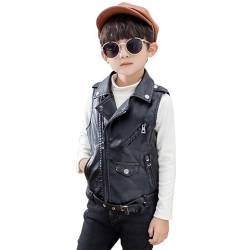 linboo Kinder Leder Weste Motorrad Kragen Lederimitat Jacke Jungen Mädchen Lederjacke Bomberjacke aus Kunstleder Ärmellos, Schwarz, 104-110 von linboo