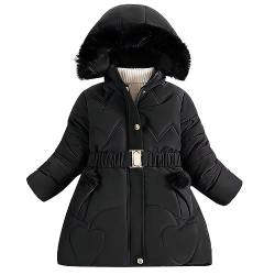 linboo Kinder Winterjacke Mädchen Wintermantel Gefüttert Parka Baumwolljacke Lange Warme Winter Jacke mit Kapuze, Plüsch Ball, Gürtel, Schwarz, 116 von linboo