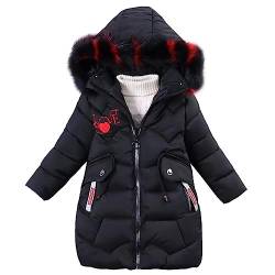 linboo Mädchen Winterjacke Kinder Wintermantel Dicke Steppjacke Lange Warme Parka Baumwolljacke Outdoor Mantel mit Fellkapuze und Love Stickdruck, Schwarz, 128-134 (Etikettengröße: 140) von linboo