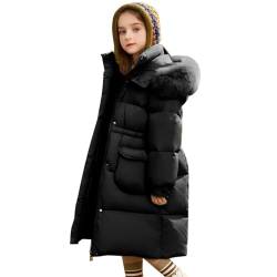 linboo Winterjacke Mädchen Mittlere Länge Wintermantel mit Fellkapuze Steppjacke Winddicht Daunenjacke mit Gürtel Parka Jacke Kinder Winter Mantel Outdoorjacke, Schwarz, 146-152 von linboo