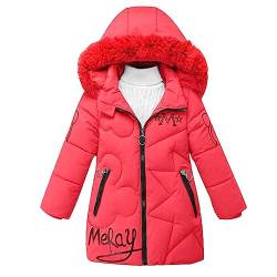 linboo Winterjacke Mädchen Wintermantel mit Abnehmbarer Fellkapuze Warme Lang Mantel Kinder Parka Outdoor Jacke mit Buchstaben und niedliche Muster, Rot, 110 von linboo