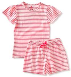 little label - Kinder Schlafanzug Mädchen - Shortama - Sommer Pyjama Mädchen Kurz - Neonrosa - Sommer Schlafanzug Bretonische Streifen - Bio-Baumwolle-GOTS von little label