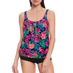 loginsummer Badeanzug Zweiteilig Damen, Tankini Damen Bauchweg, Große Größen High Waist Tankini Set, Blouson Tankini Oberteil mit Badeshorts（Farbenfrohe Blumen,EU42） von loginsummer