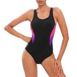 loginsummer Bademode Damen, Badeanzug Damen Sport, Badeanzug Damen mit Cups, Schwimmanzug Damen（Pink & Lila,EU40） von loginsummer