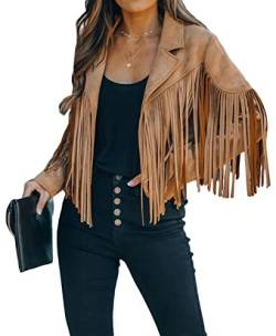 loveimgs Damen-Jacke, Wildlederimitat, Fransen, Western-Quaste, Biker-Motorrad-Lederjacke, CAMEL, Large von loveimgs