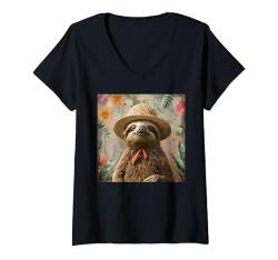 Damen niedliches Faultier trägt Sonnenhut, Gärtner Faultier T-Shirt mit V-Ausschnitt von lustige Tiere, witzige Tierbilder