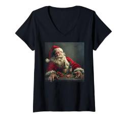 Damen Lustiger betrunkener Weihnachtsmann, lustiges Weihnachten T-Shirt mit V-Ausschnitt von lustige Weihnachten