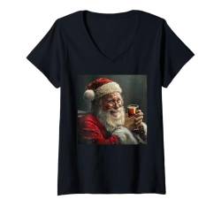 Damen Lustiger betrunkener Weihnachtsmann, lustiges Weihnachten T-Shirt mit V-Ausschnitt von lustige Weihnachten