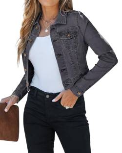 luvamia 2023 Cropped Jean Jacken für Frauen Mode Kurze Denim Shacket Jacke Leichte Fitted Stretchy mit Taschen, Blassschwarz, XL von luvamia