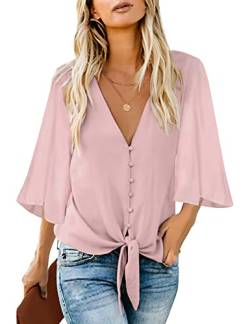 luvamia Damen V Ausschnitt Tops Rüschen 3/4 Ärmel Krawatte Knoten Blusen Button Down Shirts - Pink - XX-Large von luvamia