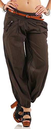 Malito Damen Chino Hose in Uni Farben | Freizeithose mit Gürtel | Sommerhose für den Strand | Haremshose - Pumphose 6017 (Dunkelbraun, M) von malito more than fashion