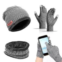 mizikuu Wintermütze und Loop Schal Touchscreen Handschuhe Set, 3 in 1 Fleece Winter Warm Beanie Mütze Schal Schlauchschal Nackenwärmer Winterhandschuhe für Herren und Damen Ski von mizikuu