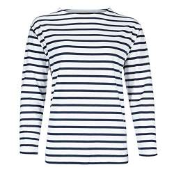 modAS Damen Shirt Bretonisches Damenshirt mit U-Boot Ausschnitt - Ringelshirt Streifenshirt Langarmshirt mit Streifen aus Baumwolle in Weiß/Blau in Größe 36 von modAS