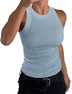 nicticsi Damen Tanktop Ärmellose Rundhals Oberteile Basic Sommer Racerback Slim Fit Neckholder Shirts Elegant Ribbed Knit Cami Top Mode Einfarbig Unterhemden Crop Tops A Hellblau XXL von nicticsi