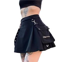 nicticsi Rock Damen Gothic Faltenminirock Hohe Taille Kurzer A-Linien Ausgestellter Rock Kleid mit Taschen Unregelmäßig Einfarbig Minirock Streetwear A Schwarz XL von nicticsi