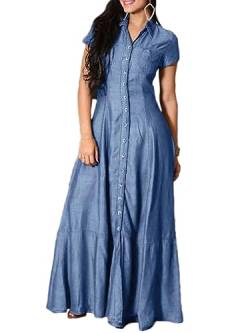 nicticsi Sommerkleid Damen Lang Elegant Boho Jeanskleid Knopf Loose Casual Kleider Kurzarm Skleid V Ausschnitt Einfarbig Maxi Kleider Tunika Hemd Blusenkleid A Blau L von nicticsi