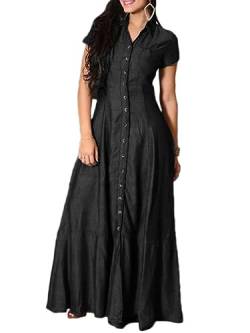 nicticsi Sommerkleid Damen Lang Elegant Boho Jeanskleid Knopf Loose Casual Kleider Kurzarm Skleid V Ausschnitt Einfarbig Maxi Kleider Tunika Hemd Blusenkleid A Schwarz 5XL von nicticsi