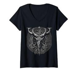 Damen Horn Odins Wikinger nordische Runen Nordmann Mythologie T-Shirt mit V-Ausschnitt von nordische Kultur und Nordmänner Designs