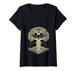 Damen Odin Rabe Verbindung mit Baum des Lebens Wikinger Walhalla T-Shirt mit V-Ausschnitt von nordische Kultur und Nordmänner Designs