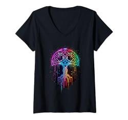 Damen Odin farbiger Baum des Lebens Wikinger Walhalla Pagan T-Shirt mit V-Ausschnitt von nordische Kultur und Nordmänner Designs