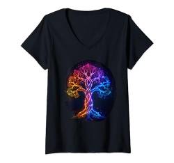 Damen Odin farbiger Baum des Lebens Wikinger Walhalla Pagan T-Shirt mit V-Ausschnitt von nordische Kultur und Nordmänner Designs
