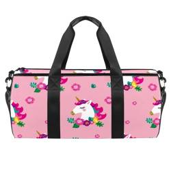 Einhorn mit Blumen Rosa Muster Sport Turnbeutel Fitness Workout Duffel Bag Reisetasche Tote Handtasche Ausrüstung Tasche für Damen Herren, mehrfarbig, 17.7x9x9 inches von nycda