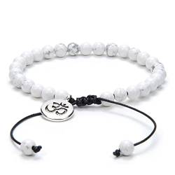 Verstellbares Om-Wunsch-Armband Meditation Mala Gebetskette Yoga Om Schmuck geflochten mit Mala-Perlen aus Naturstein (Weißer Howlith (White Howlite)) von oasymala