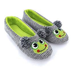 ofoot Womens Ballerina Fluffy Knit Scuff Slippers,Cute Novelty Animal Face Anti-Slip Rubber Sole House Flat Shoes (Gray Frog, 7/8 UK) von ofoot