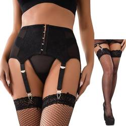 Strapsgürtel mit Strümpfe set Sexy für Damen Strapsen Dessous Set Breit Spitzen Große Größen Strumpfhalter Hüfthalter Strapshalter Slip Hosenträger mit 6 Halter Metallclip EU 40 42(Schwarz,M-L) von ohyeahlady