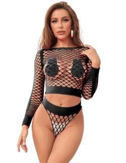 ohyeahlady Reizwäsche Damen Sexy Mollig Erotisch Fishnet Unterwäsche Dessous Set Große Größen Oberteil Durchsichtig Bodystockings Hohe Elastizität Lingerie Clubwear Curvy Langarm(Schwarz,3XL-5XL) von ohyeahlady