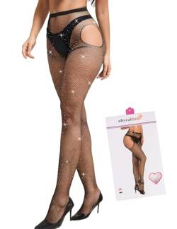 ohyeahlady Strumpfhosen Damen Sexy Glitzer Strapsstrümpfe Große Größen Pantyhose Halterlose Strümpfe Hohe Elastizität Strapsen Dessous Mollig Netzstrümpfe Fishnetz Stocking Schwarz 3XL-5XL von ohyeahlady