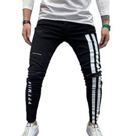 oneforus Herren Röhrenjeans Zerrissene Bedruckte Jeans Hose Streifen Bleistifthose Hip Hop Streetwear von oneforus