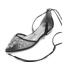 ottspu Frauen Elegante Spitze Zehe Strass Flats Mesh Slip on Low Heel Kristall Verschönert Hochzeit Braut Kleid Schuhe,Schwarz,40 EU von ottspu