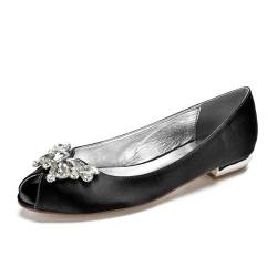 ottspu Frauen Peep Toe Kristall Hochzeit Wohnungen Für Braut Komfortable Satin Hochzeit Schuhe Niedrige Absätze Braut Wohnungen Abend Prom Party Kleid Schuhe Pumpen,Schwarz,37 EU von ottspu