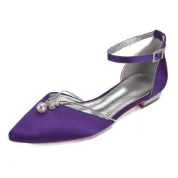 ottspu Hochzeitsschuhe Perle Flats Für Frauen Brautschuhe Knöchelriemen Flats Heel Pointed Toe Satin Elegant,Dark purple,39 EU von ottspu