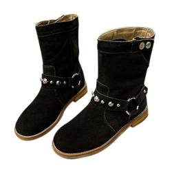 oxsdMKQ Klassische Damen-Stiefeletten, Retro-Schnalle, Wadenmitte Stiefel, rutschfest, niedriger Absatz, klobig, stilvoll, Wildleder, modische Stiefel, lässig, intelligent, Party-Schuhe, Booties für von oxsdMKQ