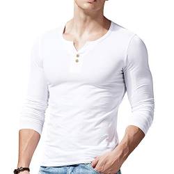 Herren Lange Henley T-Shirt Taste Knopfleiste Einfacher V-Ausschnitt Hemden Baumwolle Weiß L von palglg