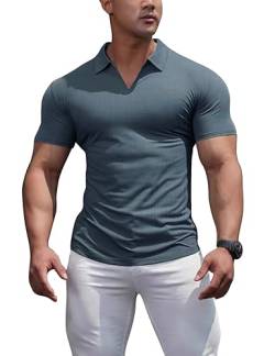 Herren Poloshirts V-Ausschnitt T-Shirts Kurzarm Muskel Fitness Gerippt Stricken Blau XL von palglg