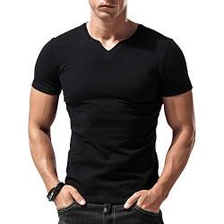 Herren Slim Fit Kurzarm Henley T-Shirt Beiläufig V-Ausschnitt Unterhemden Baumwolle Schwarz Large von palglg