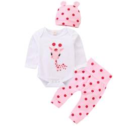 puseky Neugeborenes Baby Langarm Cartoon Giraffe Strampler + Polka Dot Hosen + Hut Bekleidung (6-12 Monate, Weiß + Pink) von puseky