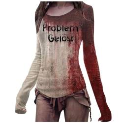 Problem Gelöst Shirt Halloween Kostüm Damen Gruselig Halloween Slim Fit T-Shirt Langarm Rundhals Bloody Horror Tshirt mit Blutigem Aufdruck T-Shirts Oberteile Terrifier Blutig Gothic von pvucpot