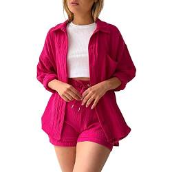 Zweiteiler Damen Elegant Sommer Musselin Bluse Hemd und Shorts Clothes Aesthetic Zweiteiler Lounge Set Strand Outfit Set Two Piece Set Mode Leicht Outfits Kleidung 2 Teiler Set Y2k Clothes Outfit von pvucpot